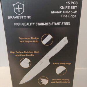 Bravestone Kitchen Knife Set 15 Piece with Wood Block, White